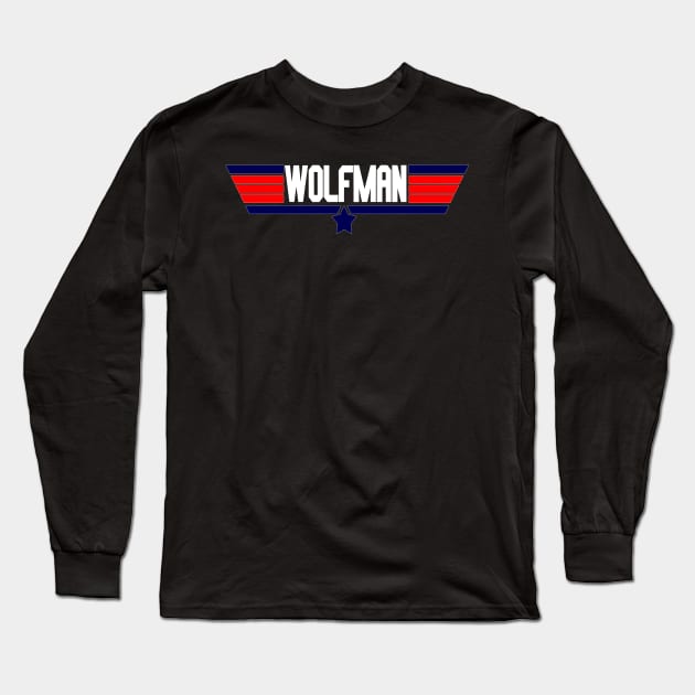 "Wolfman" 80's action movie design Long Sleeve T-Shirt by Yoda